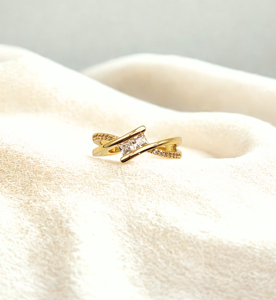 Gold Crossover Ring with Clear Stone Accent
