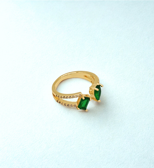 Gold Split Band Ring with Dual Green Stones