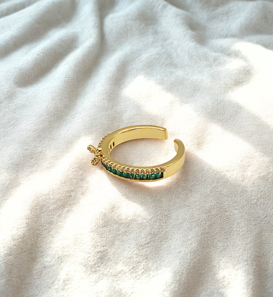 Gold Cuff Ring with Emerald Accents and Dragonfly Detail