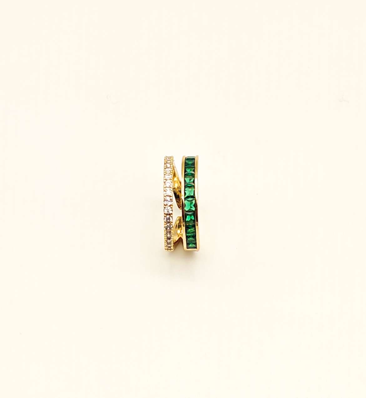 Gold Layered Cuff Ring with Green and Clear Stones