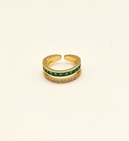 Gold Layered Cuff Ring with Green and Clear Stones