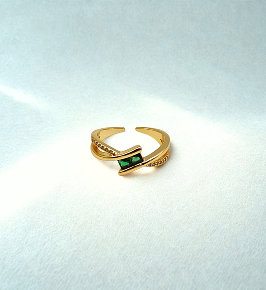 Gold Crossed Band Ring with Emerald and Clear Stones