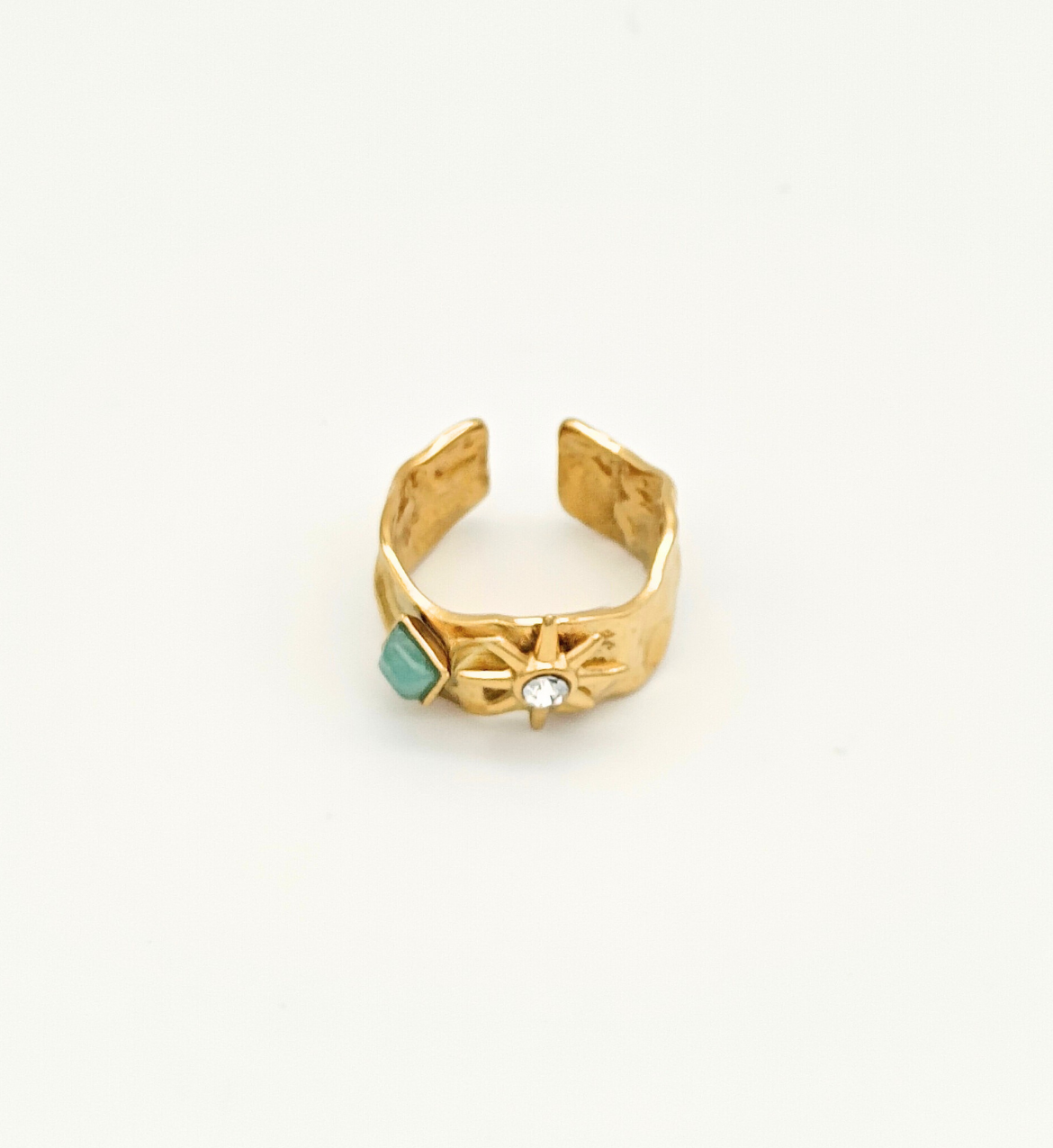 Textured Gold Ring with Star and Stone