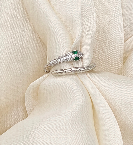 Silver Snake Ring with Emerald Accents