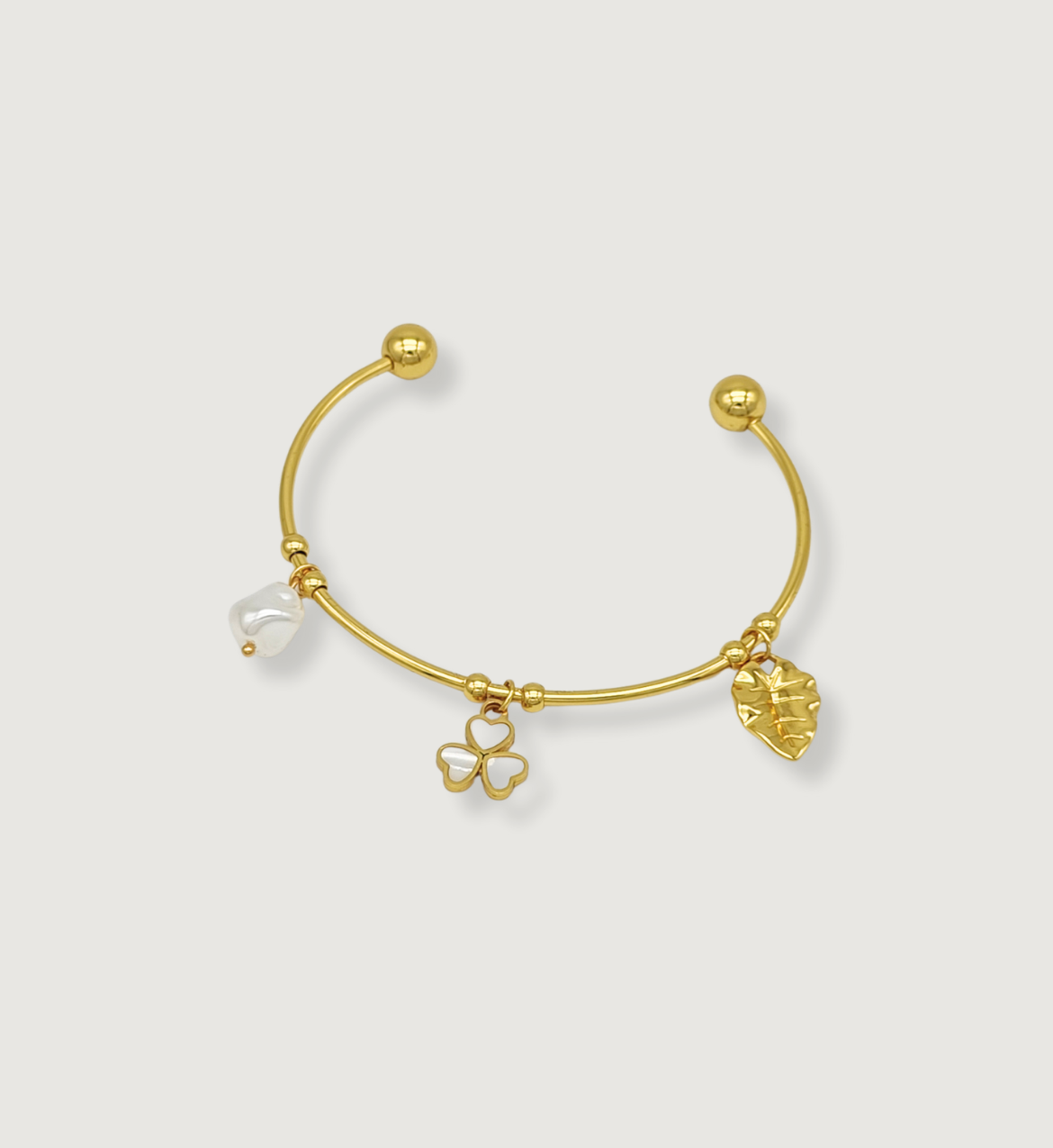 Gold Charm Bangle with Pearl and Leaf Accents