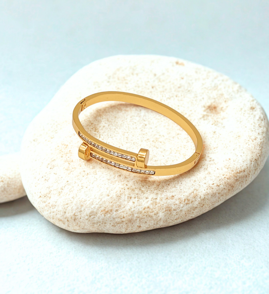 Gold Double Bar Bangle with Crystals