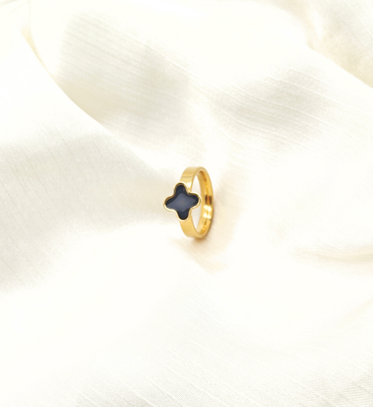 Gold Clover-Shaped Ring with Black Enamel