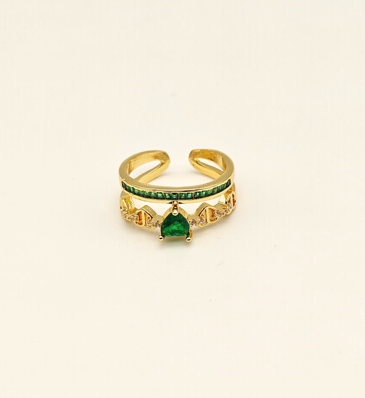 Gold Heart-Shaped Emerald and Green Stone Ring