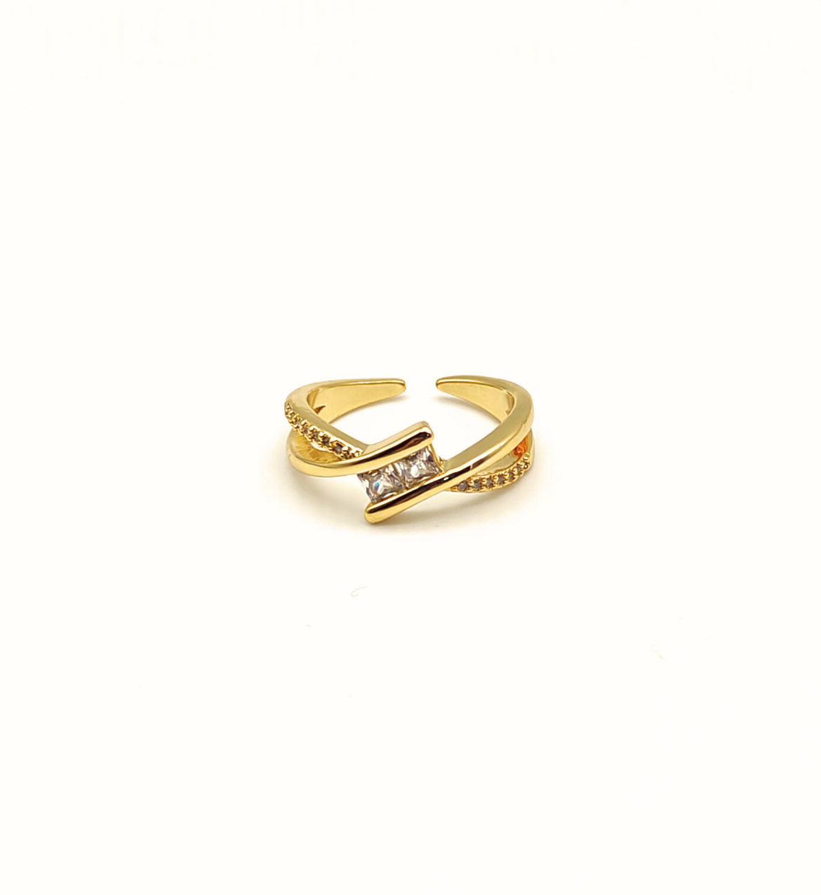 Gold Crossover Ring with Clear Stone Accent