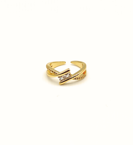 Gold Crossover Ring with Clear Stone Accent