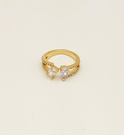 Gold Double Stone Ring with Clear Accents
