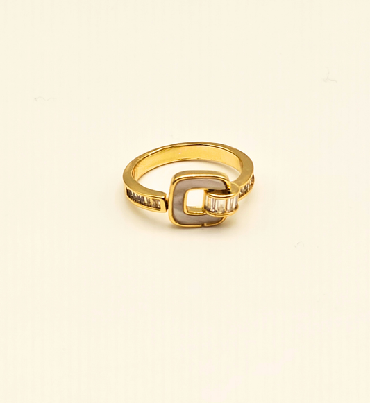 Gold Buckle Design Ring with Baguette Stones