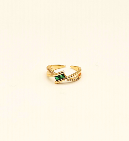 Gold Crossed Band Ring with Emerald and Clear Stones
