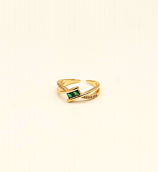 Gold Crossed Band Ring with Emerald and Clear Stones