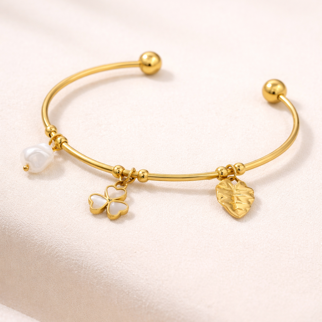 Gold Charm Bangle with Pearl and Leaf Accents