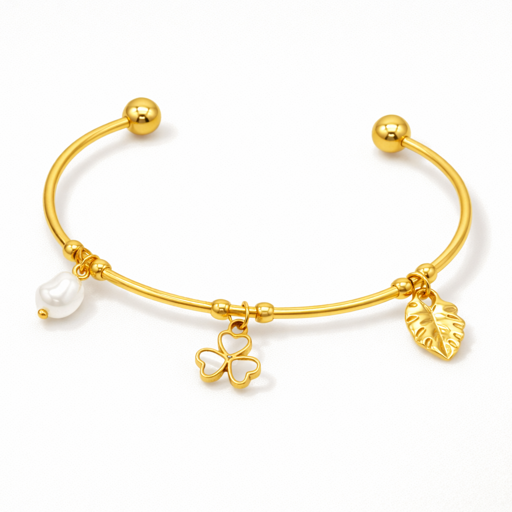 Gold Charm Bangle with Pearl and Leaf Accents