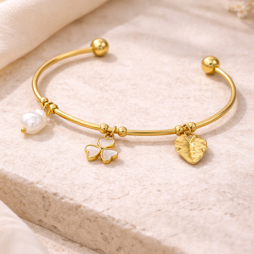 Gold Charm Bangle with Pearl and Leaf Accents
