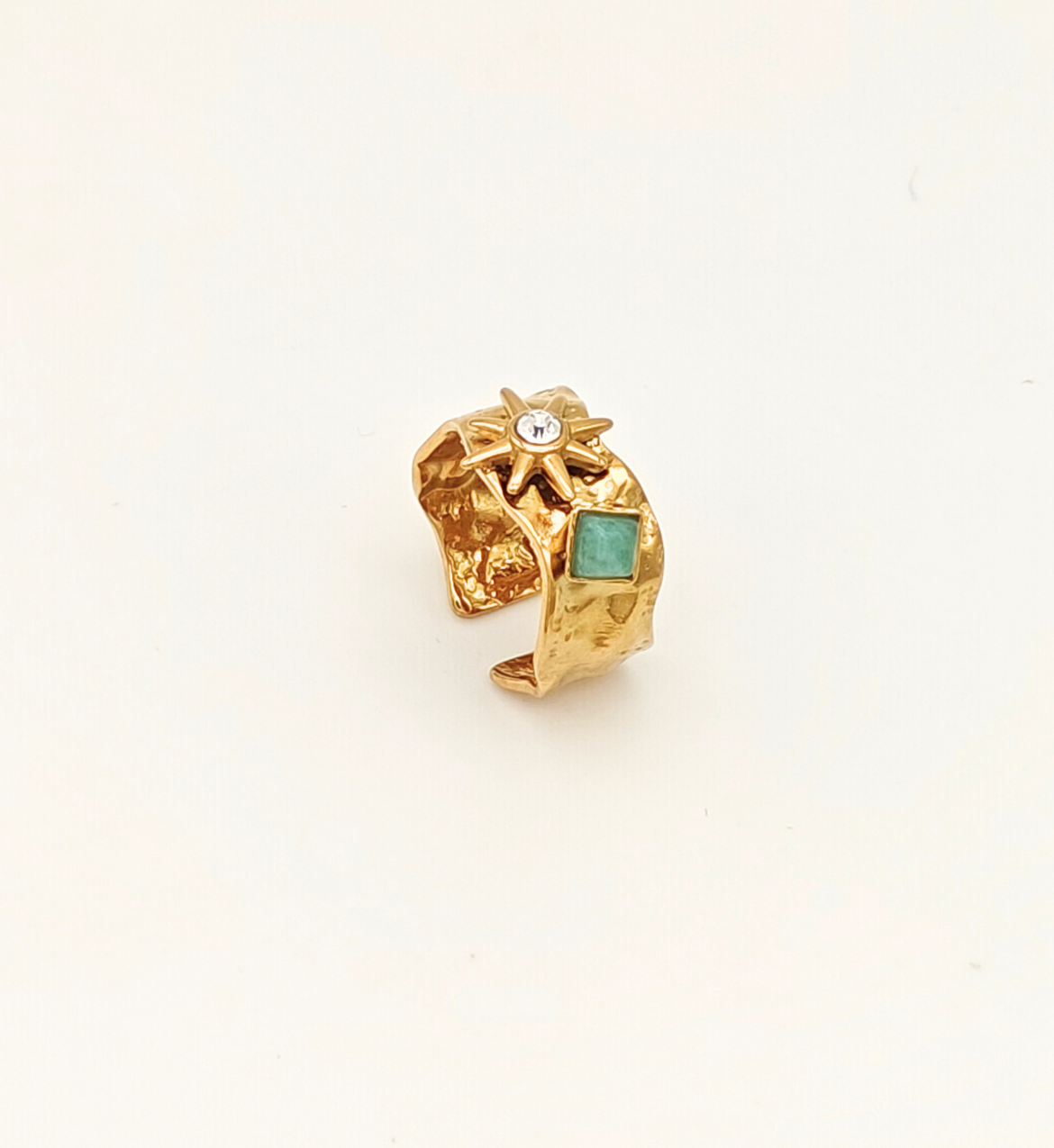 Textured Gold Ring with Star and Stone