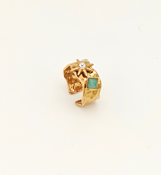 Textured Gold Ring with Star and Stone