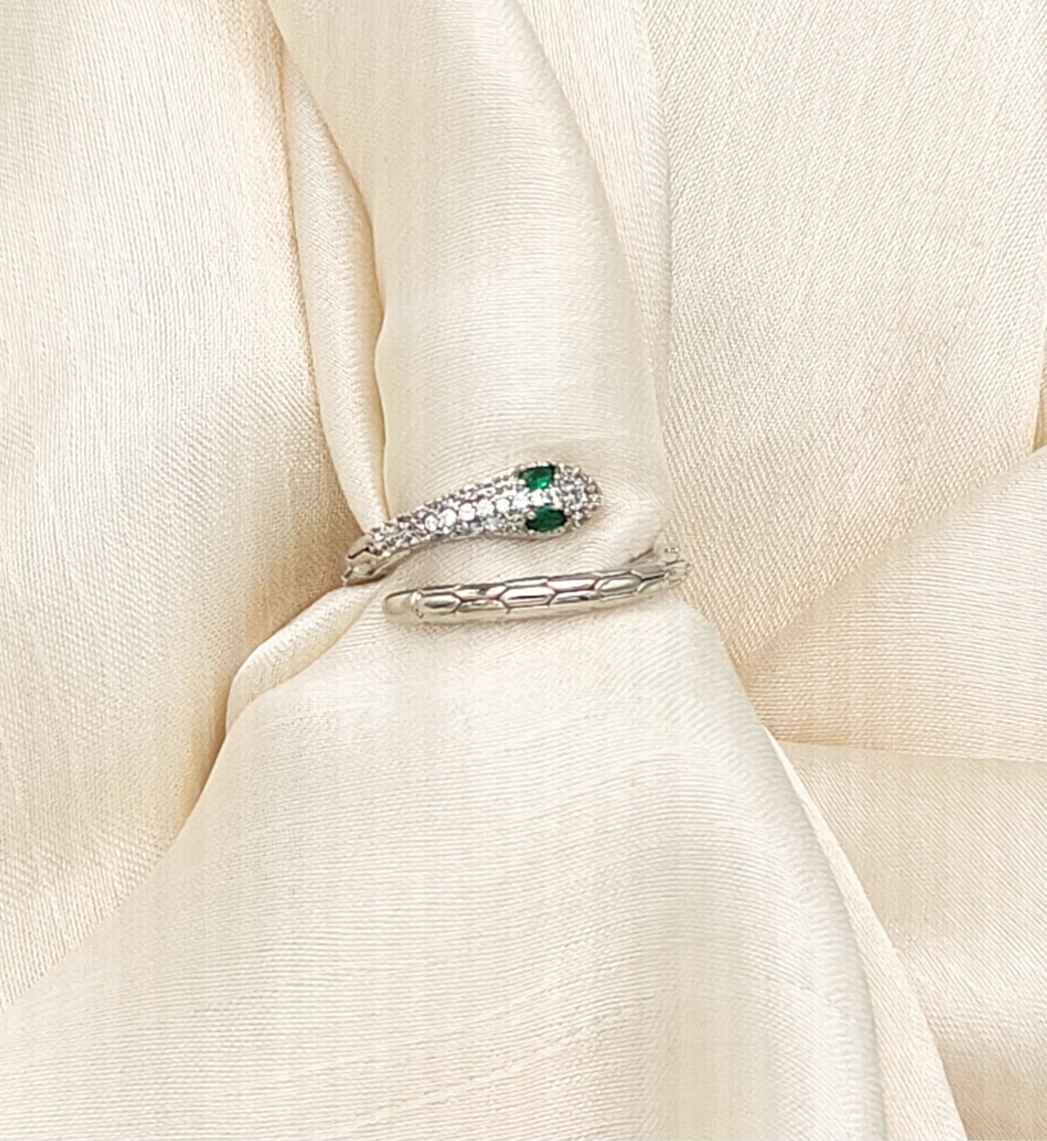 Silver Snake Ring with Emerald Accents