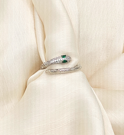 Silver Snake Ring with Emerald Accents