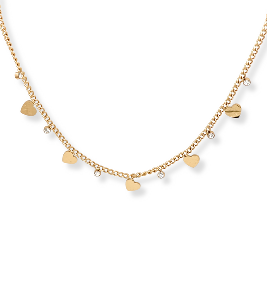 Gold Chain Necklace with Heart Drops and Crystals