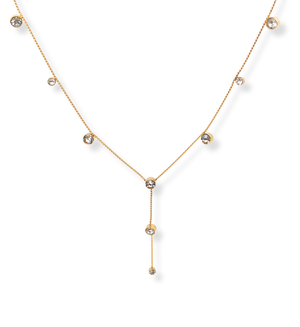 Gold Lariat Necklace with Crystal Drops