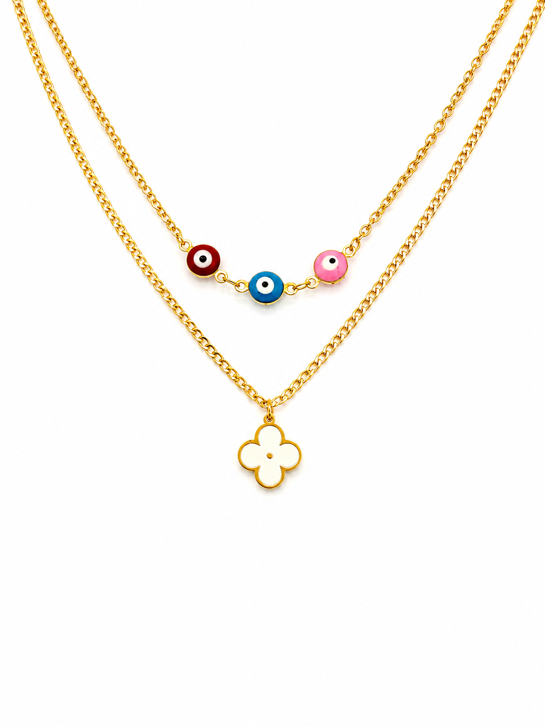Layered Evil Eye & Clover Necklace