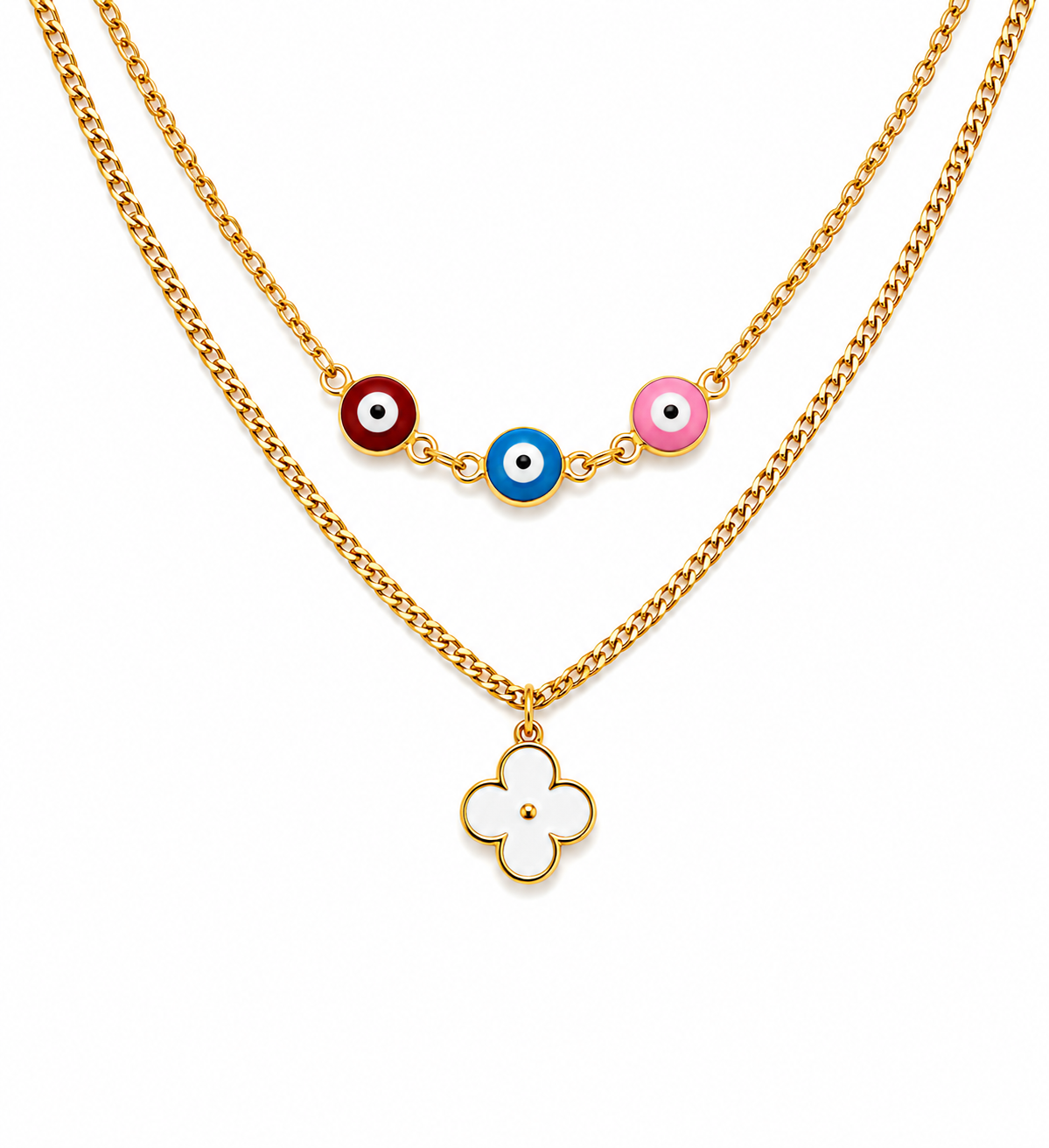 Layered Evil Eye & Clover Necklace