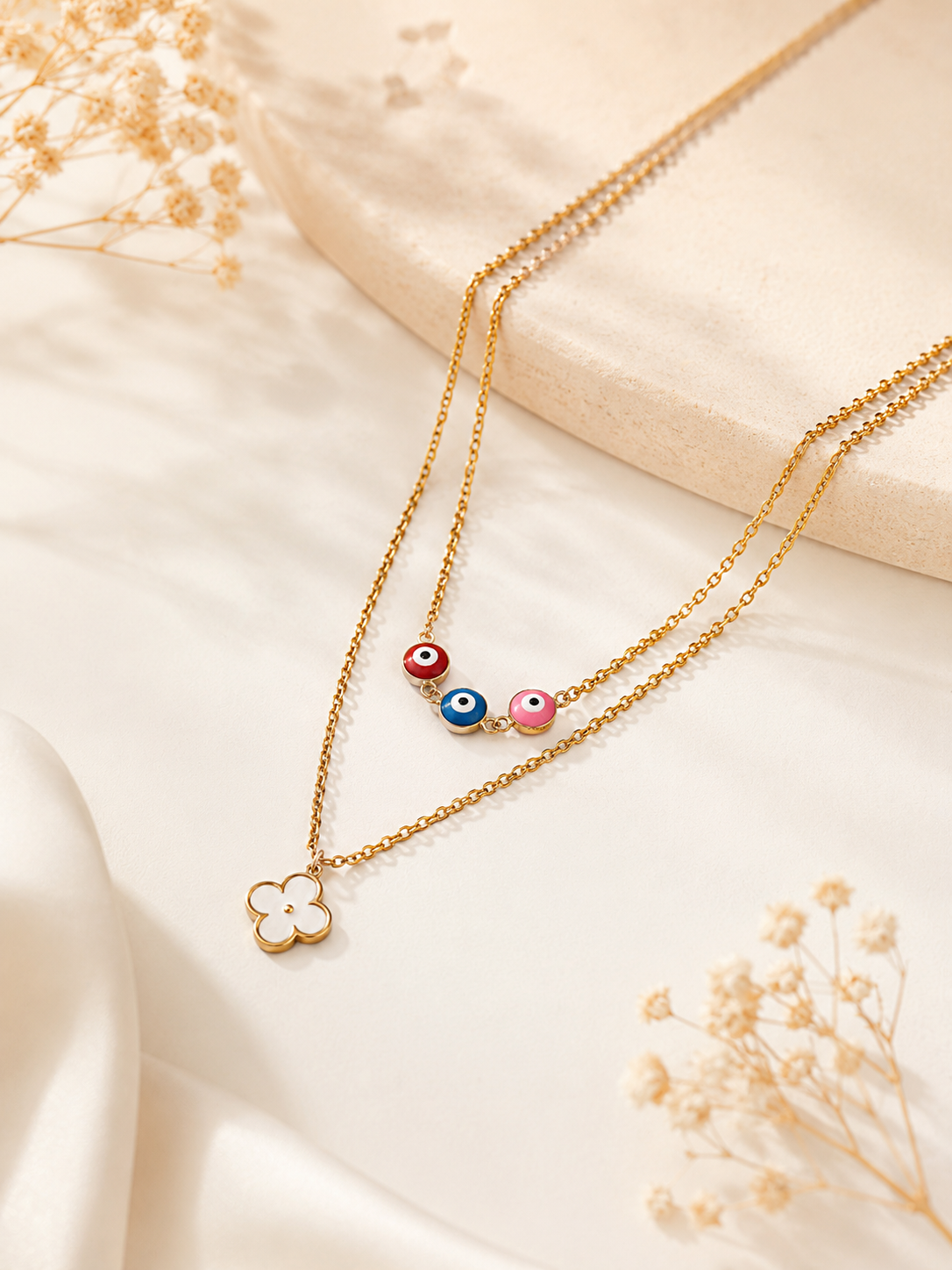Layered Evil Eye & Clover Necklace