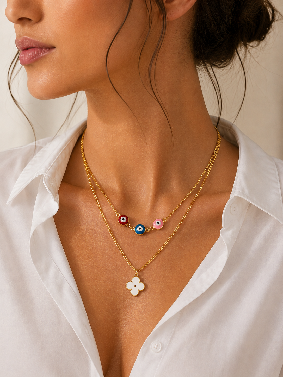 Layered Evil Eye & Clover Necklace
